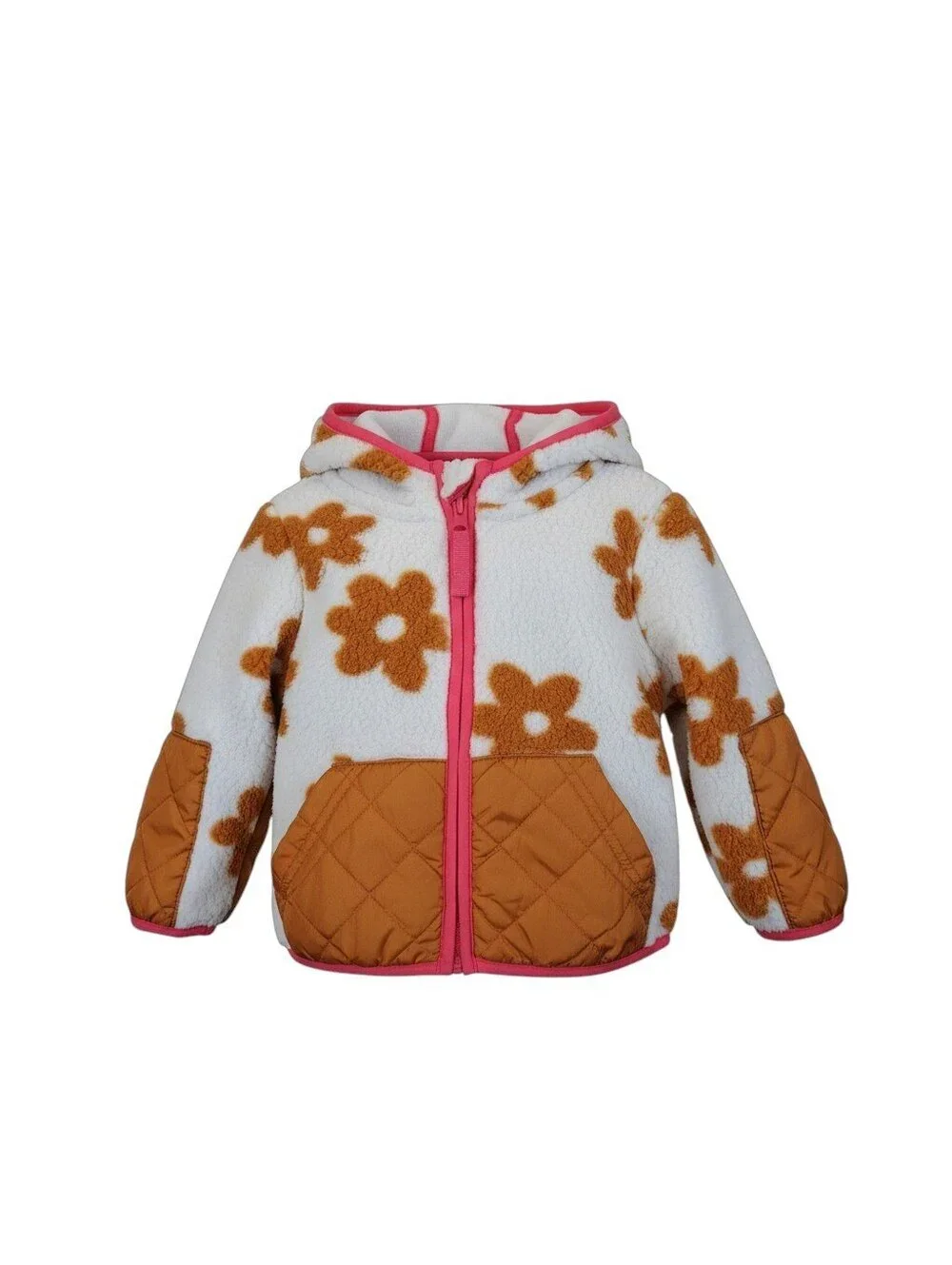 Cat & Jack Zip Up Fuzzy Neutral Flower Hooded Jacket Winter Fall 12M Toddler